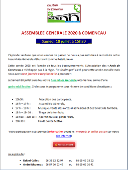 Déclaration Officielle de la tenue de notre Assemblée Générale le samedi 18 jullet 2020 + RESERVATIONS à l'Après_midi FESTIVE qui suivra.